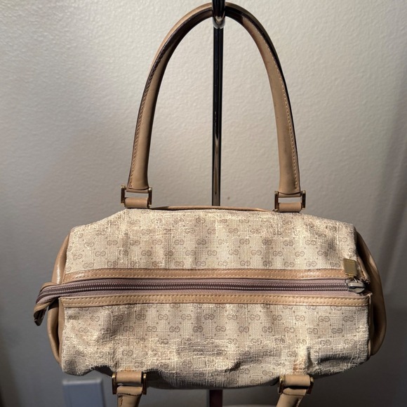 Vintage Gucci GG Monogram Boston Bag Tan Leather Trim top handle FLAW - Picture 12 of 16